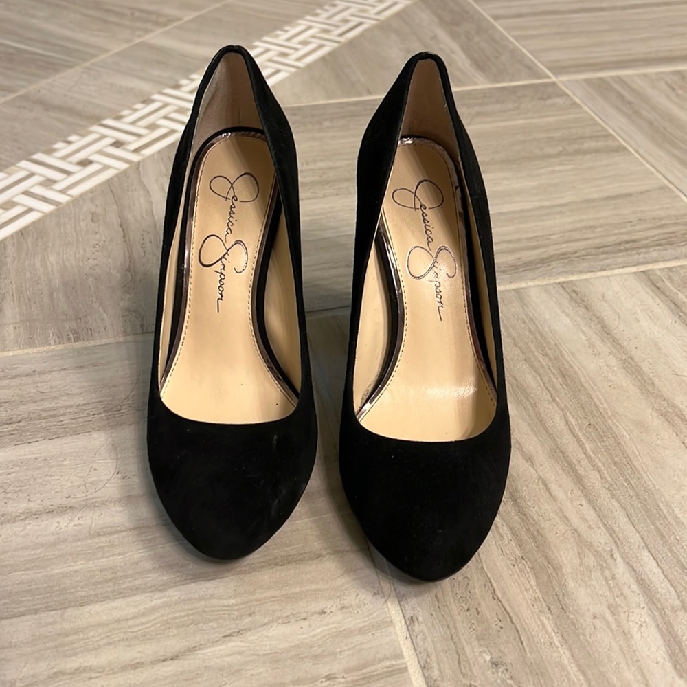 Black suede high heel pumps